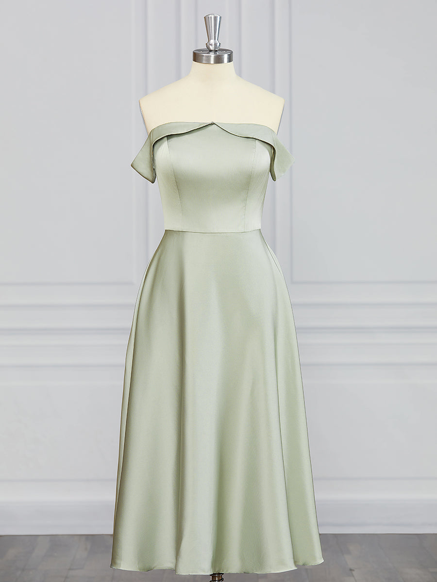 A-lijn off-the-shoulder ruches thee-lengte charmeuse bruidsmeisje jurk