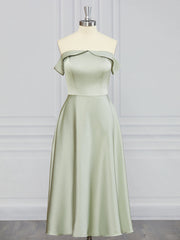 A-lijn off-the-shoulder ruches thee-lengte charmeuse bruidsmeisje jurk
