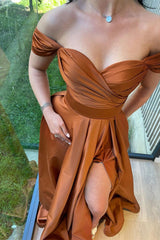 A-line Off-the-shoulder Sweetheart High Split Floor-length Open Back Prom Dress
