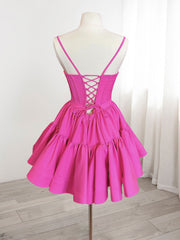 Robe de bal courte en satin rose A-line, robe de retour rose mignonne sans arrière