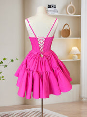 Robe de bal courte en satin rose A-line, robe de retour rose mignonne sans arrière
