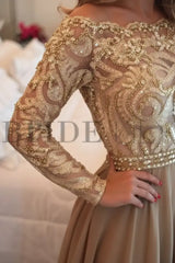 A-Line Sheer Neckline Prom Dresses Floor Length Long Sleeves Evening Dress