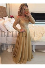 A-Line Sheer Neckline Prom Dresses Floor Length Long Sleeves Evening Dress