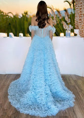 Astrid |A Line Off the Shoulder Tiered Tulle Prom Dress With Slit