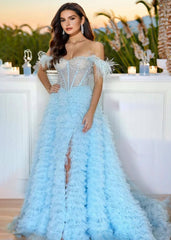 Astrid |A Line Off the Shoulder Tiered Tulle Prom Dress With Slit