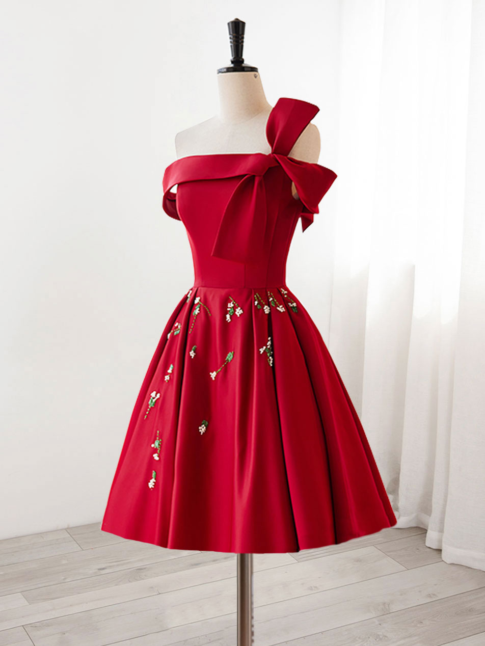 Robe de bal courte Bourgogne en satin en ligne, robe de retour bordeaux avec perle