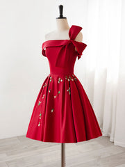 Robe de bal courte Bourgogne en satin en ligne, robe de retour bordeaux avec perle