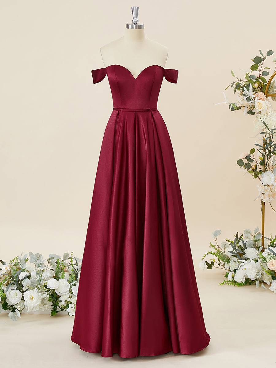 A-lijn satijn off-the-shoulder vloerlengte bruidsmeisje jurk