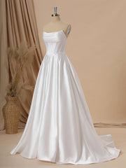 A-line Satin Straight Pleated Sweep Train Corset Wedding Dress
