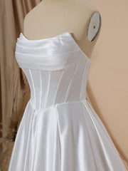 A-line Satin Straight Pleated Sweep Train Corset Wedding Dress