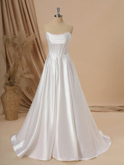 A-line Satin Straight Pleated Sweep Train Corset Wedding Dress