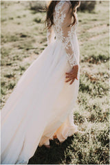 A-line Scoop Lace Long Sleeve Rustic Wedding Dresses