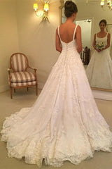 A-line Scoop Sweep Sleeveless Train Wedding Dress with Appliques