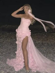 A line Sexy Sweetheart Sleeveless Pink Slit Flowers Prom Dress