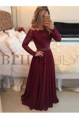 A-Line Sheer Neckline Prom Dresses Floor Length Long Sleeves Evening Dress