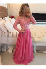 A-Line Sheer Neckline Prom Dresses Floor Length Long Sleeves Evening Dress