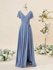 A-lijn korte mouwen chiffon v-neck vloerlengte bruidsmeisje jurk