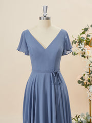 A-lijn korte mouwen chiffon v-neck vloerlengte bruidsmeisje jurk