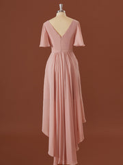 A-lijn korte mouwen chiffon v-hals geplooide asymmetrische bruidsmeisje jurk