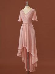 A-lijn korte mouwen chiffon v-hals geplooide asymmetrische bruidsmeisje jurk