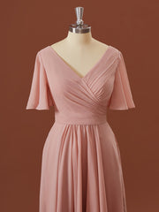 A-lijn korte mouwen chiffon v-hals geplooide asymmetrische bruidsmeisje jurk