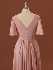 A-lijn korte mouwen chiffon v-hals geplooide asymmetrische bruidsmeisje jurk
