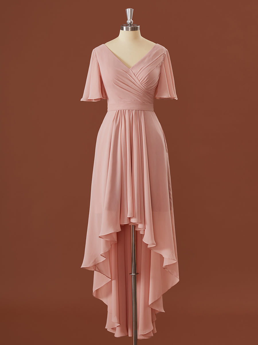 A-lijn korte mouwen chiffon v-hals geplooide asymmetrische bruidsmeisje jurk