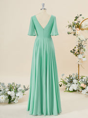 A-lijn korte mouwen chiffon v-neck geplooide vloerlengte bruidsmeisje jurk