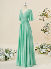 A-lijn korte mouwen chiffon v-neck geplooide vloerlengte bruidsmeisje jurk