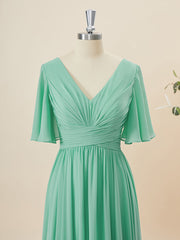 A-lijn korte mouwen chiffon v-neck geplooide vloerlengte bruidsmeisje jurk
