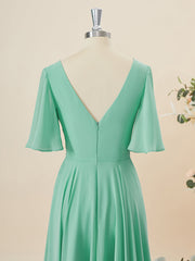 A-lijn korte mouwen chiffon v-neck geplooide vloerlengte bruidsmeisje jurk