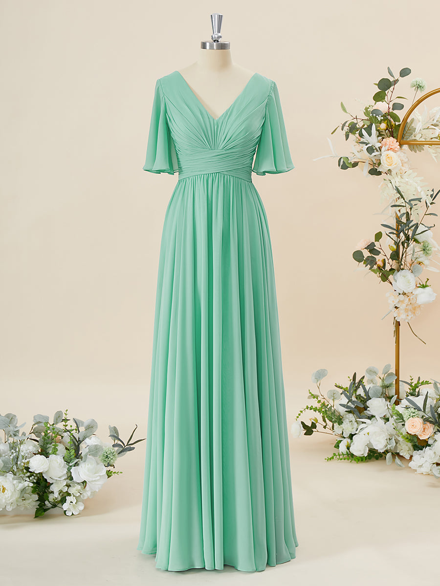 A-lijn korte mouwen chiffon v-neck geplooide vloerlengte bruidsmeisje jurk