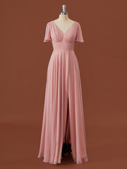 A-lijn korte mouwen chiffon v-neck geplooide vloerlengte bruidsmeisje jurk