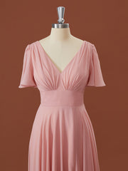 A-lijn korte mouwen chiffon v-neck geplooide vloerlengte bruidsmeisje jurk