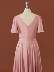 A-lijn korte mouwen chiffon v-neck geplooide vloerlengte bruidsmeisje jurk