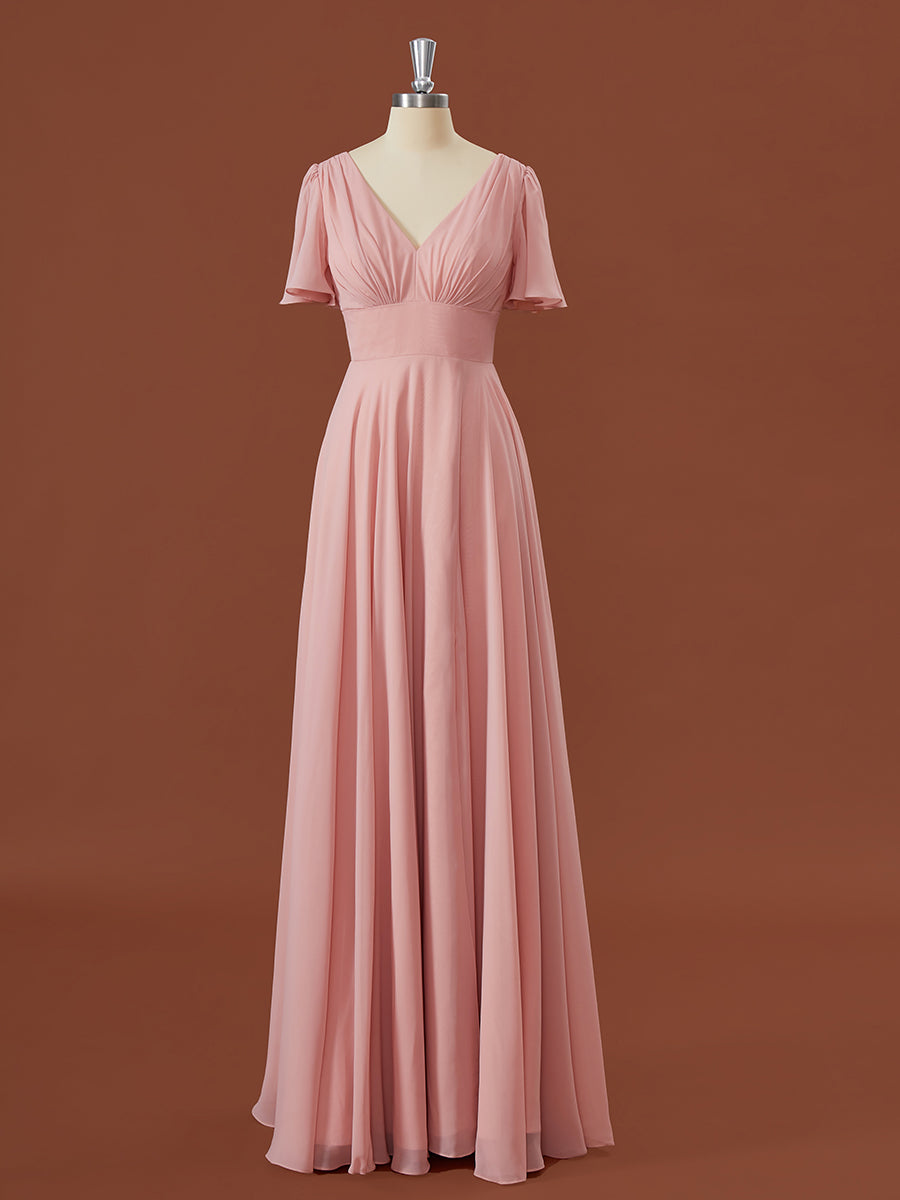 A-lijn korte mouwen chiffon v-neck geplooide vloerlengte bruidsmeisje jurk