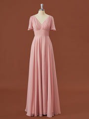 A-lijn korte mouwen chiffon v-neck geplooide vloerlengte bruidsmeisje jurk