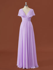 A-lijn korte mouwen chiffon v-neck geplooide vloerlengte bruidsmeisje jurk