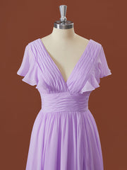 A-lijn korte mouwen chiffon v-neck geplooide vloerlengte bruidsmeisje jurk