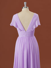 A-lijn korte mouwen chiffon v-neck geplooide vloerlengte bruidsmeisje jurk