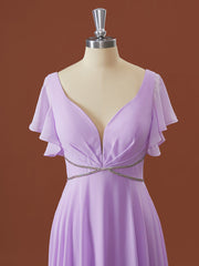 A-lijn korte mouwen chiffon v-neck geplooide vloerlengte bruidsmeisje jurk