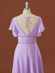A-lijn korte mouwen chiffon v-neck geplooide vloerlengte bruidsmeisje jurk