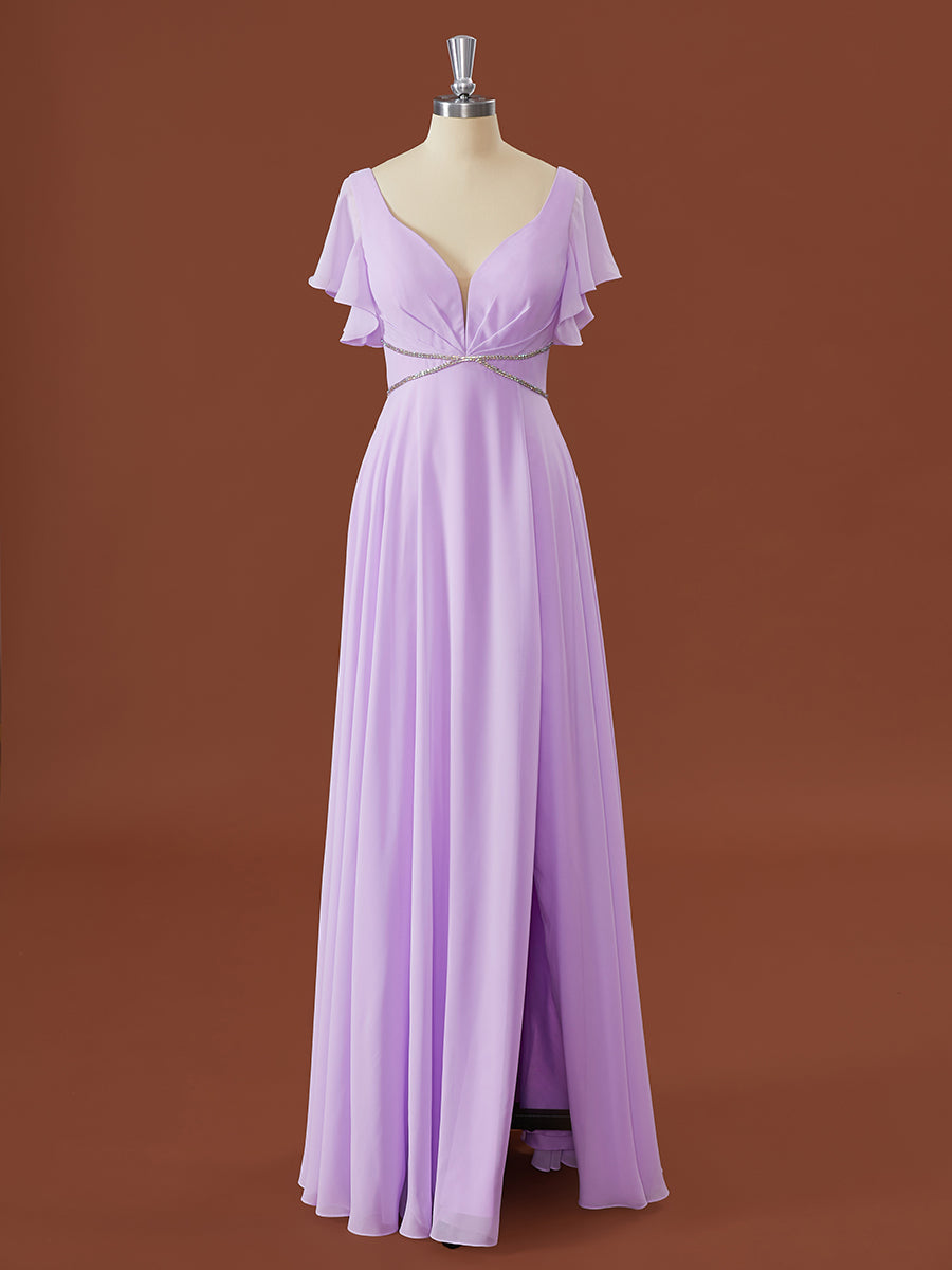 A-lijn korte mouwen chiffon v-neck geplooide vloerlengte bruidsmeisje jurk