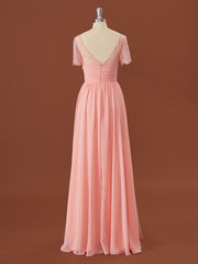 A-lijn korte mouwen chiffon v-neck geplooide vloerlengte bruidsmeisje jurk