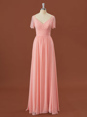 A-lijn korte mouwen chiffon v-neck geplooide vloerlengte bruidsmeisje jurk