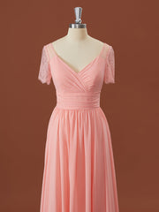 A-lijn korte mouwen chiffon v-neck geplooide vloerlengte bruidsmeisje jurk