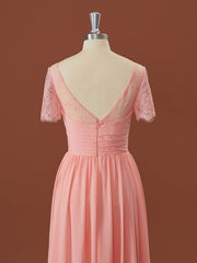 A-lijn korte mouwen chiffon v-neck geplooide vloerlengte bruidsmeisje jurk