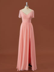 A-lijn korte mouwen chiffon v-neck geplooide vloerlengte bruidsmeisje jurk
