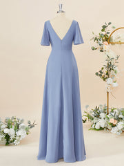 A-lijn korte mouwen chiffon v-neck geplooide vloerlengte bruidsmeisje jurk