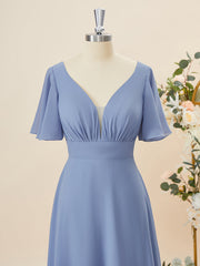 A-lijn korte mouwen chiffon v-neck geplooide vloerlengte bruidsmeisje jurk